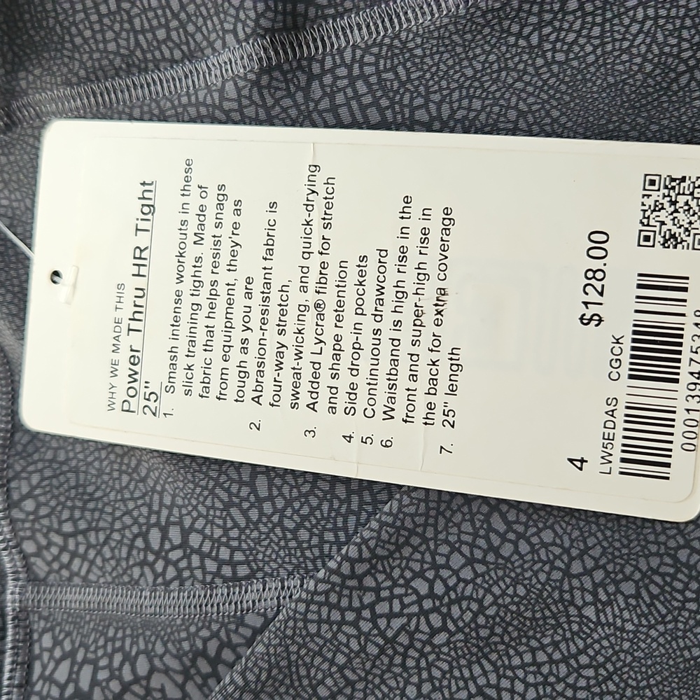 NWT Lululemon Power Thru HR High-Rise Tight Leggings Crackle Black Gray 25" Sz 4